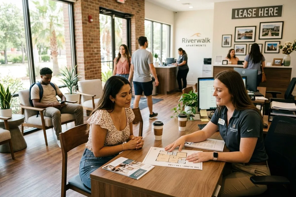 Apartment leasing office during a busy summer tour day