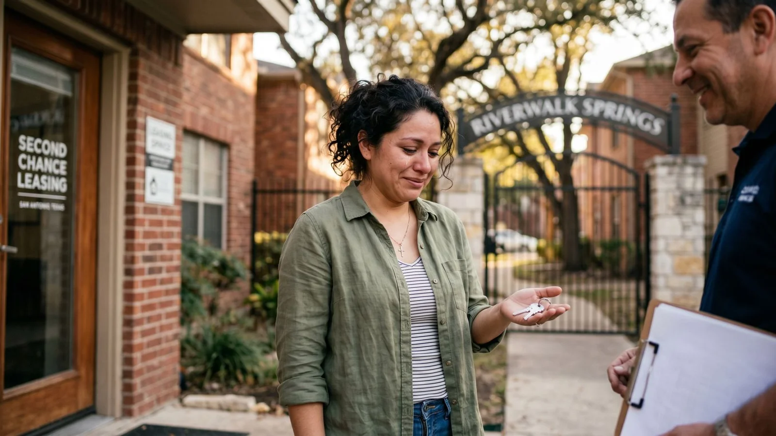 Hopeful renter holding apartment keys outside a San Antonio community