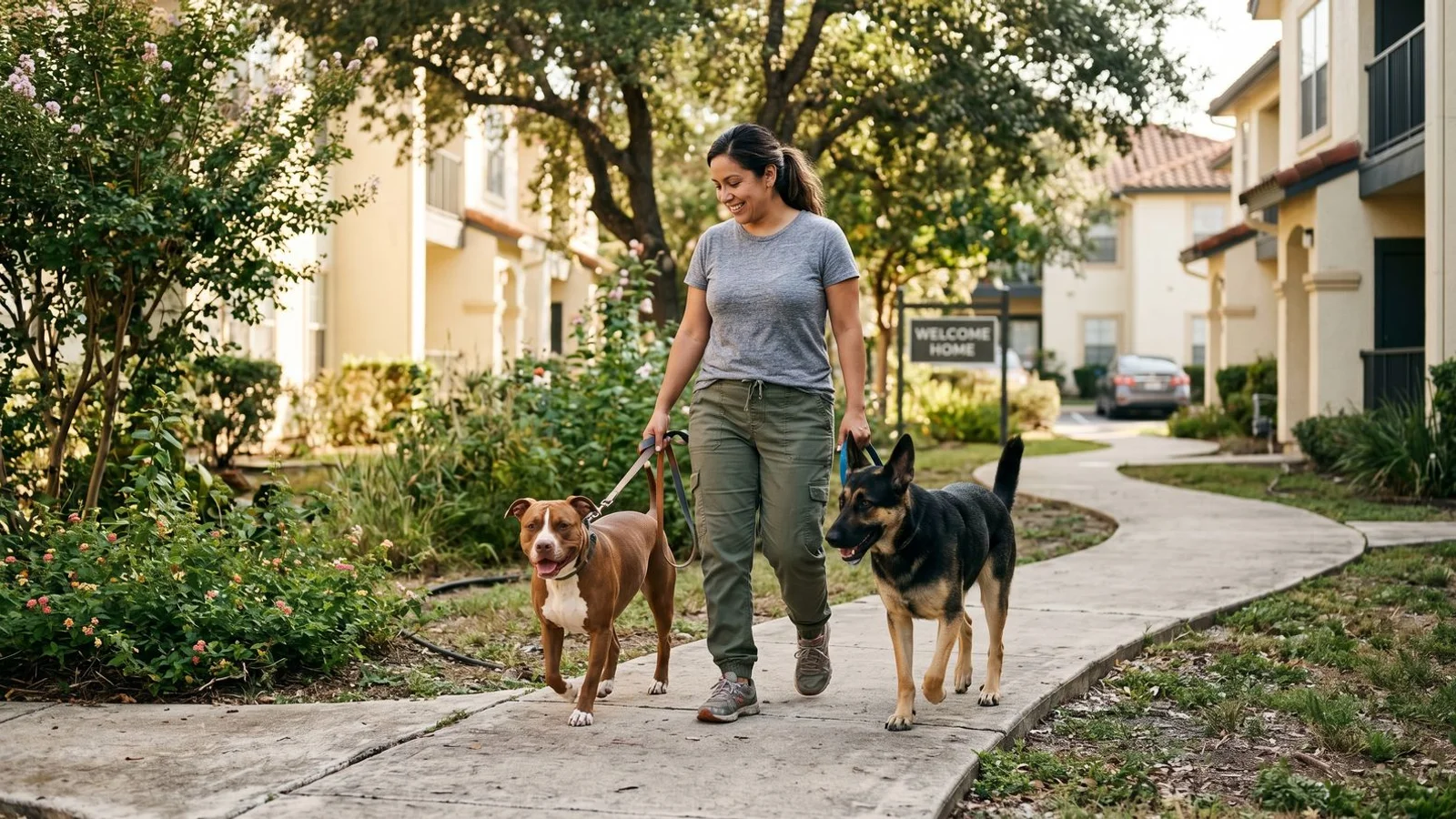 Dog owner at a no-breed-restriction San Antonio apartment community