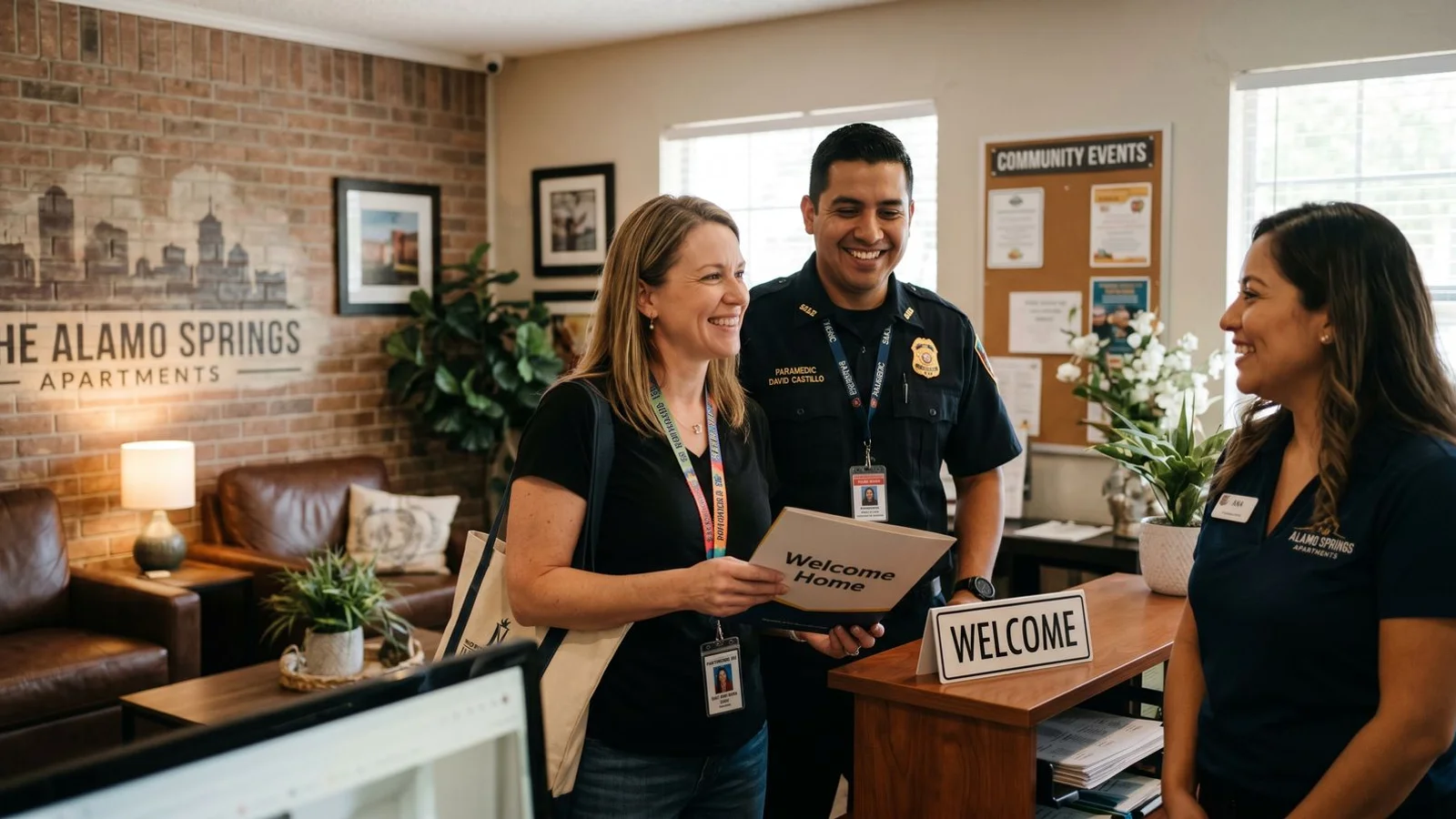 Preferred employer, teacher, and first responder welcome badge at a San Antonio apartment