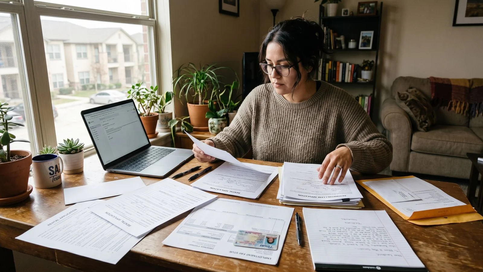 Renter organizing apartment application documents on a desk