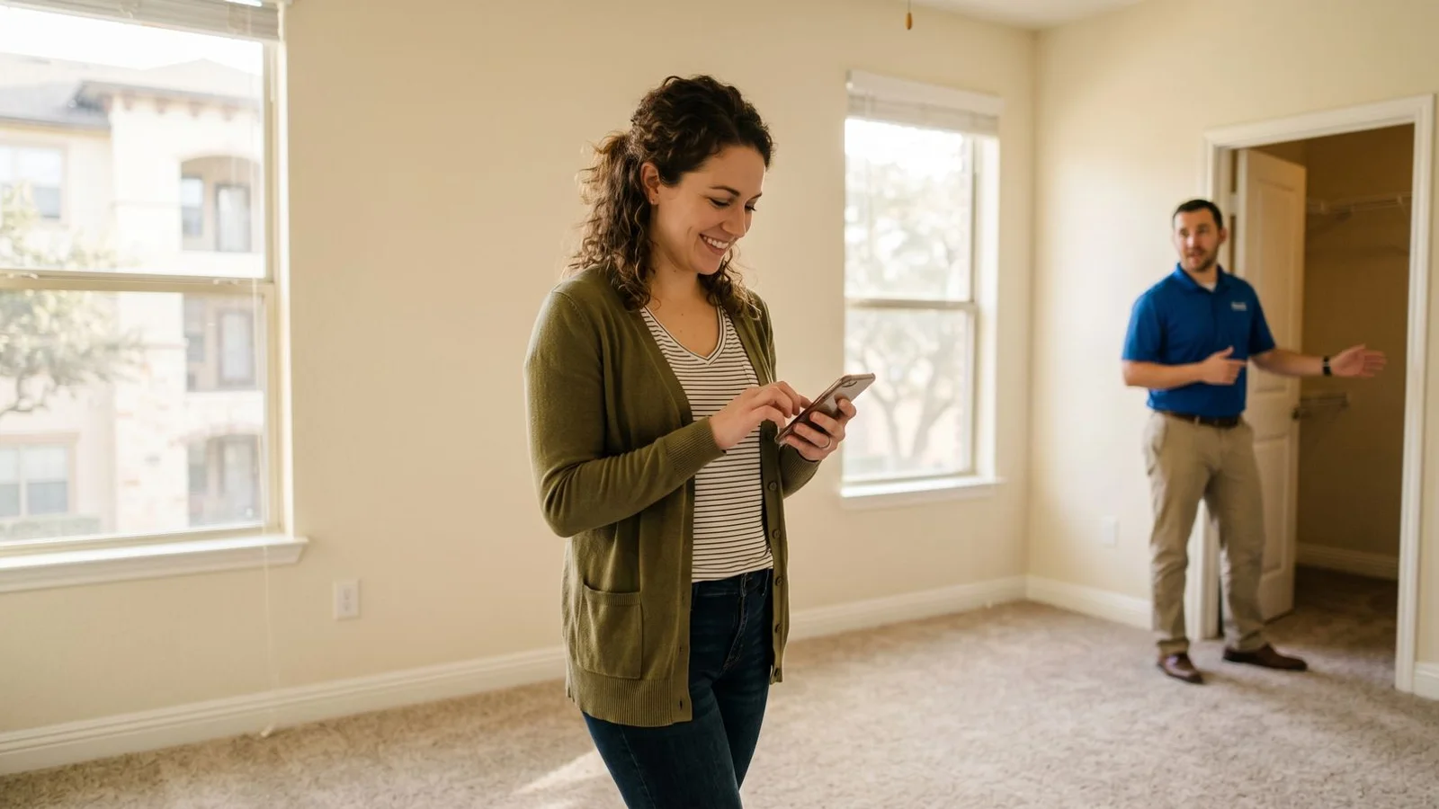 Renter texting with a locator while touring a San Antonio apartment