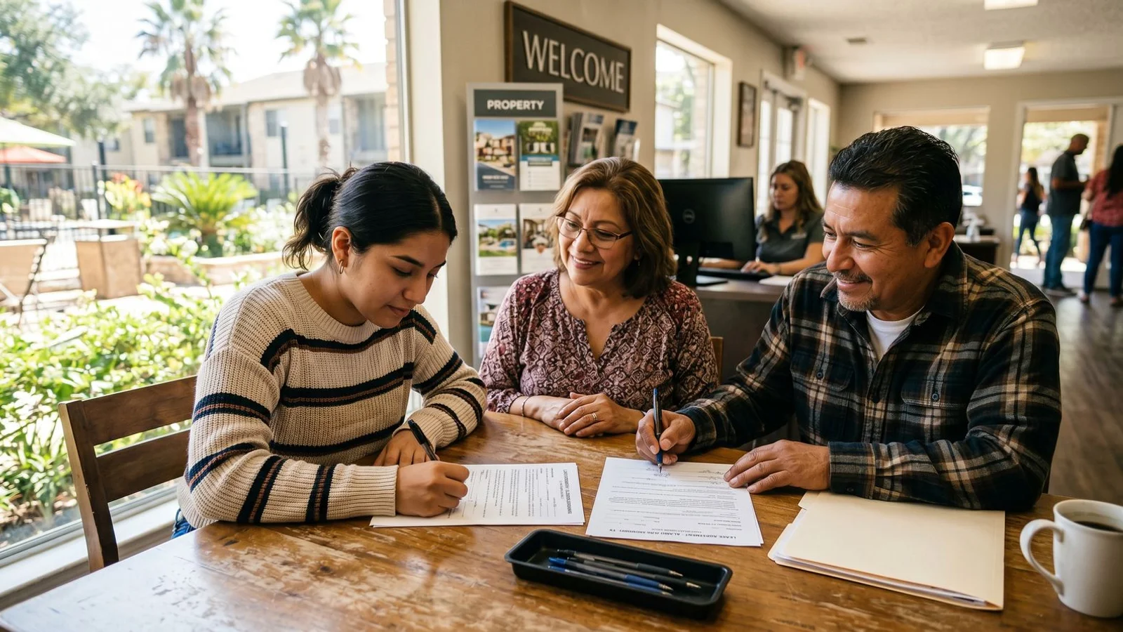 Renter signing a lease with a family co-signer in San Antonio