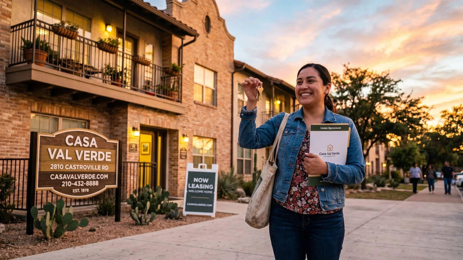 San Antonio apartment community at sunset with a renter holding new keys after approval