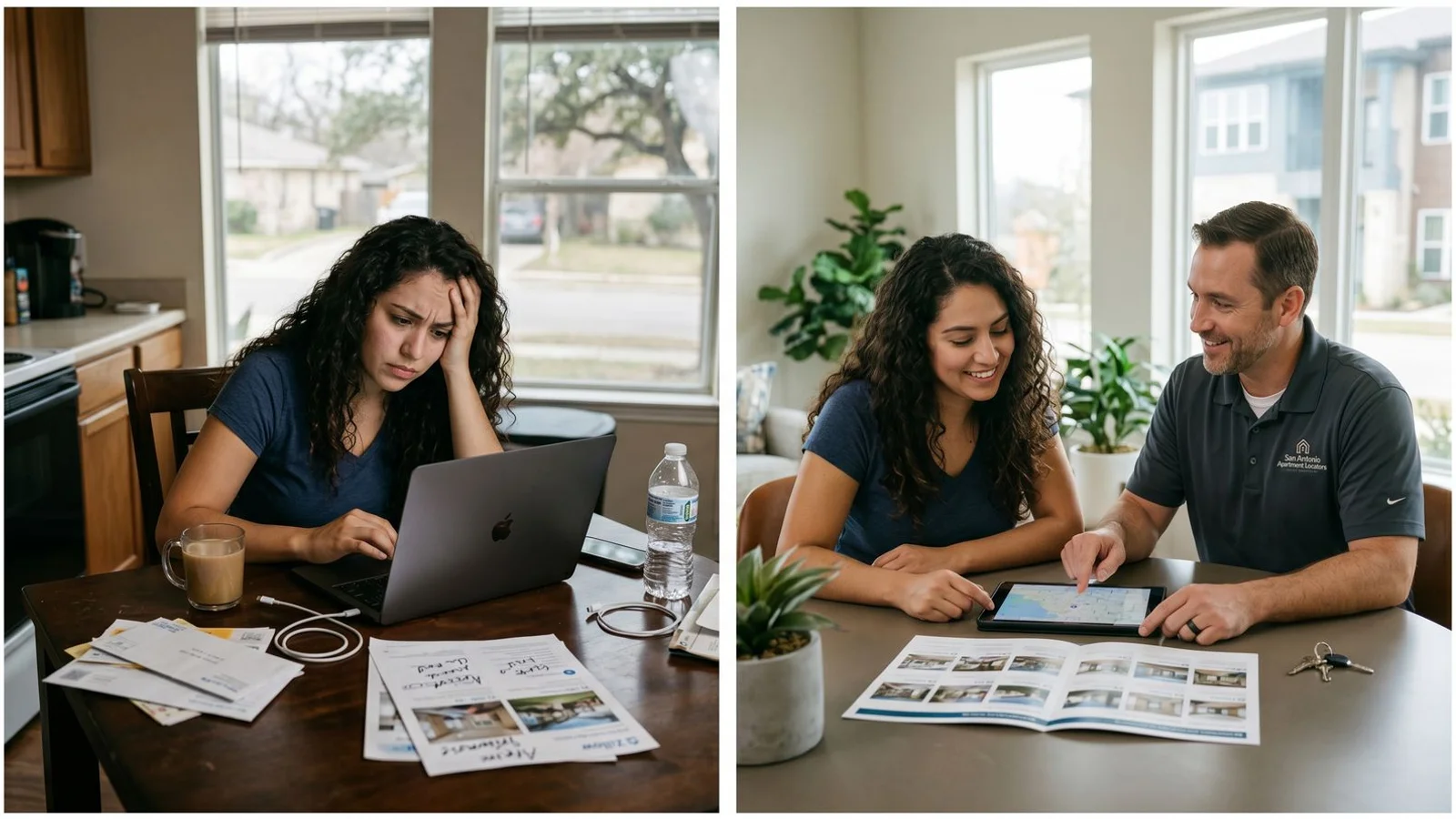 Stressed renter scrolling listings alone next to a relaxed renter working with a locator
