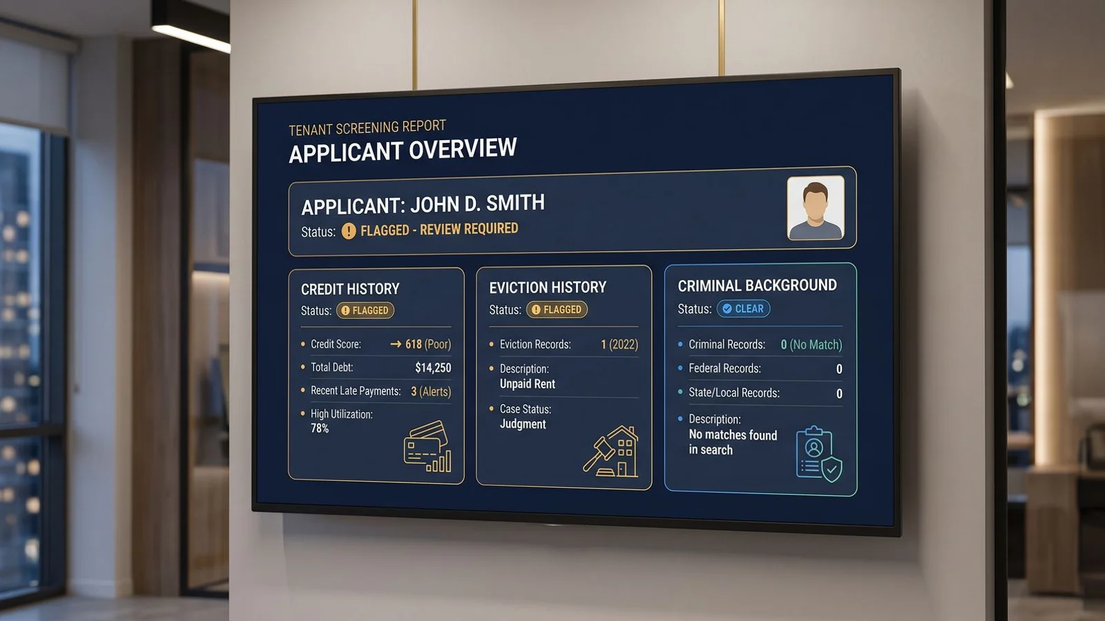 Tenant screening software dashboard flagging credit, eviction, and background