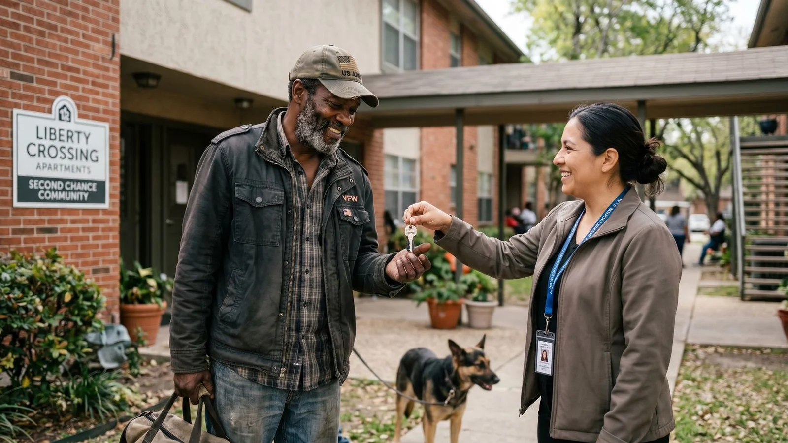 Veteran receiving keys at a San Antonio second-chance apartment community